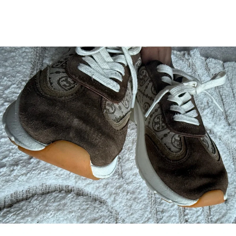 Tory Burch Good Luck Trainer Brown Tan Monogram Suede Sneakers 7M 87331